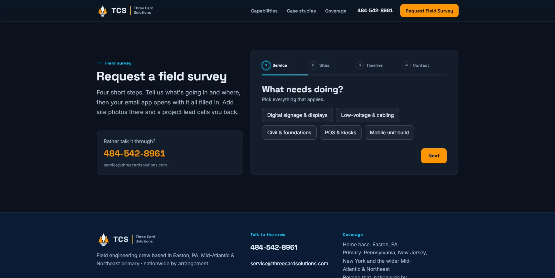 The Request a field survey section of the live Three Card Solutions site: a four-step form headed Service, Sites, Timeline and Contact, on its first question, What needs doing?, with five service choices and a Next button, beside a panel with the phone number for anyone who would rather talk it through.
